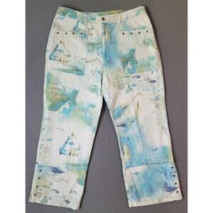 Chico’s Linen Blend Coastal Style Fish Postcard Print Cropped Pants Size 2.5